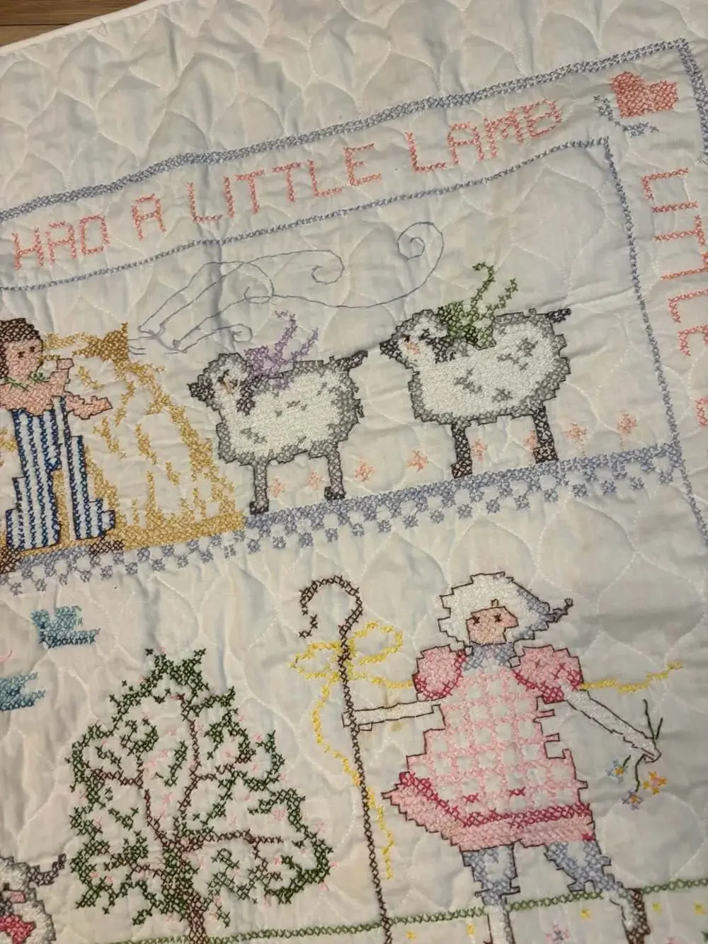 Vintage Hand-Stitched Nursery Rhyme Cross-Stitch Quilt